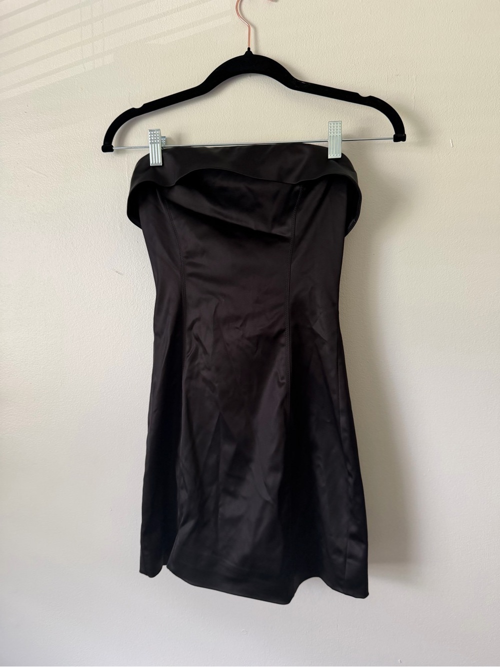 Aritzia Strapless Black Satin Fold-Over Neckline Dress